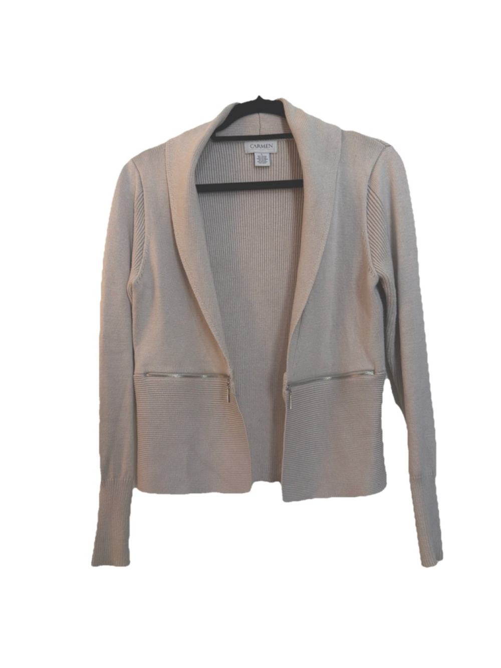 Carmen Marc Valvo Womens Taupe Open Front Zipper Detail Cardigan Sweater L